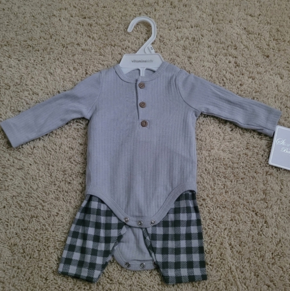 NWT Sterling Baby 3M 2 Piece Set Gray Bodysuit & Plaid Pants
